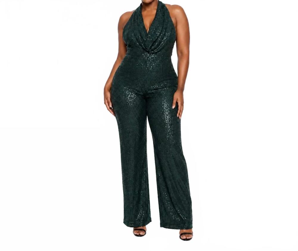 NEW MISS8 crystal cowl neck jumpsuit in green